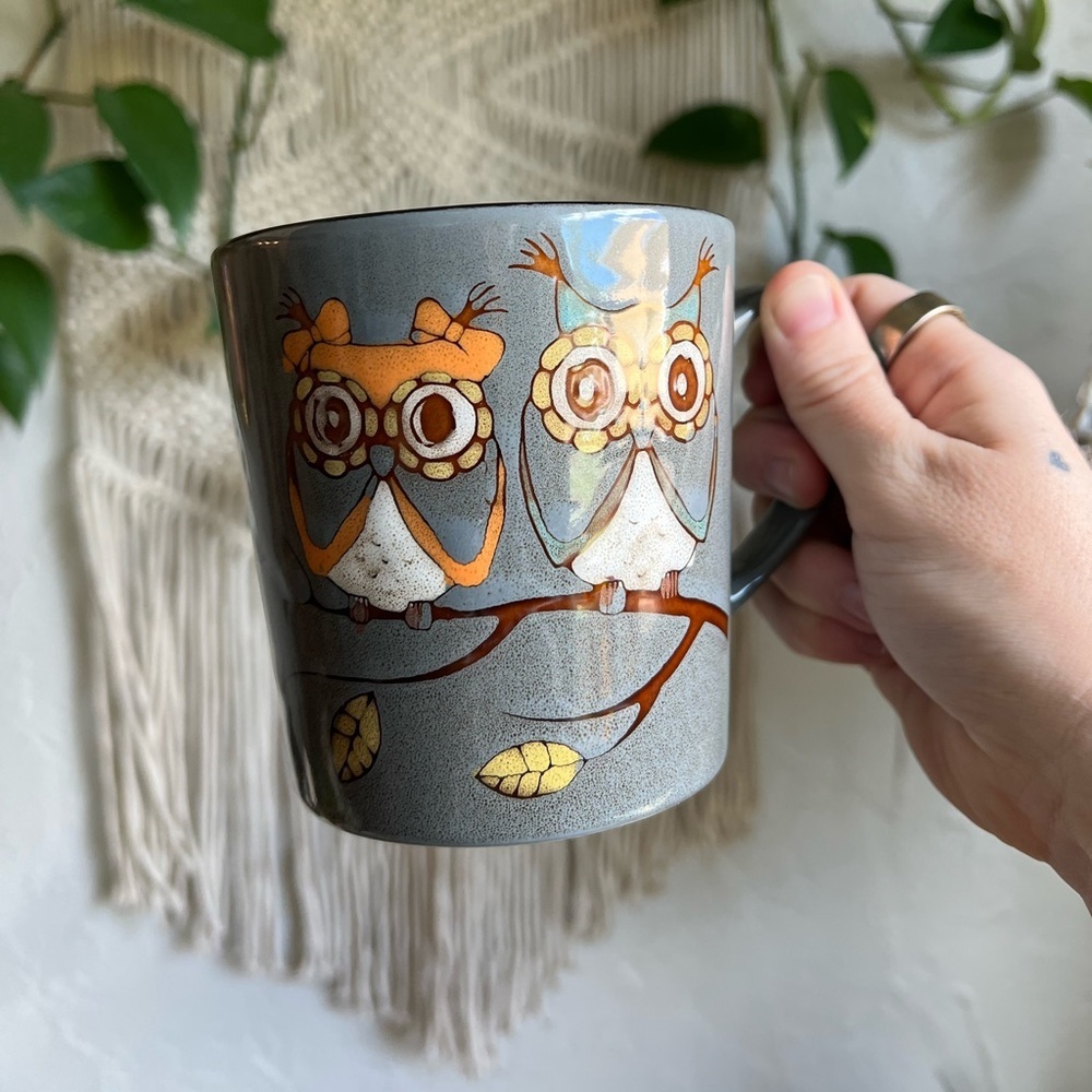 Great Gatherings Retro Owl Mug – Gray Ceramic Coffee Cup – Vintage Boho Kitchen - Picture 2 of 7